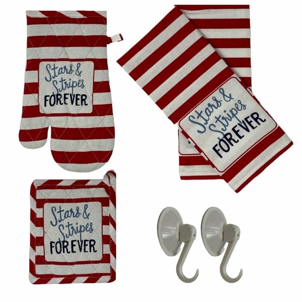 Oven Mitt Pot Holder Tea Towel Set Stars Stripes Forever Flag Americana 4th July
